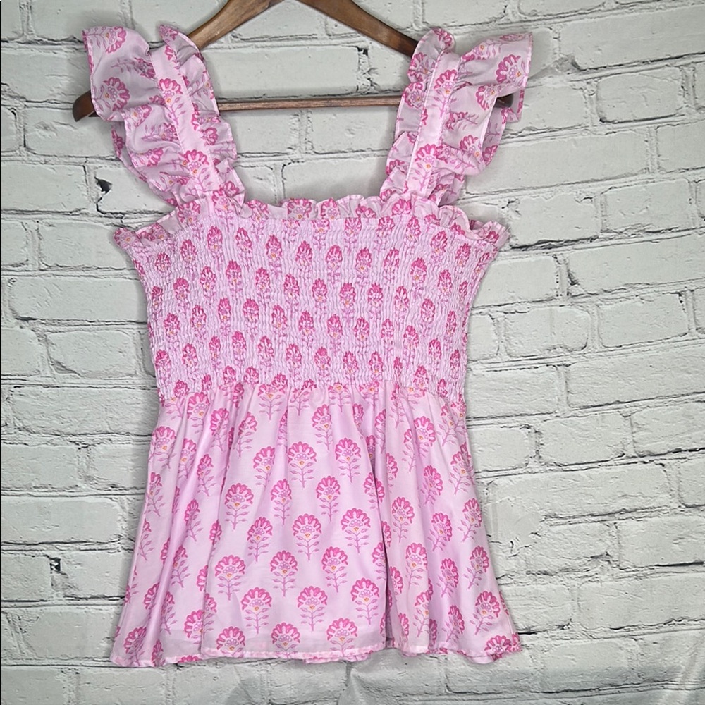 J. Marie Pink Flutter Sleeve Smocked Peplum Blouse Size Large